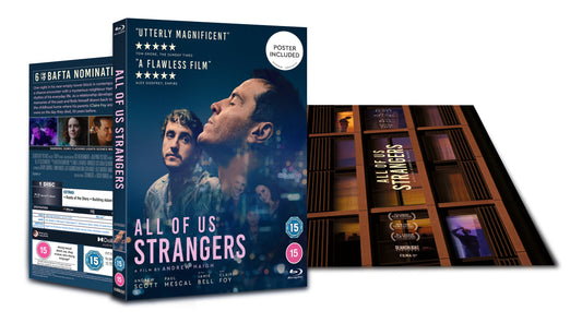 Blu-ray cover for All Of Us Strangers featuring portraits of the main cast members.