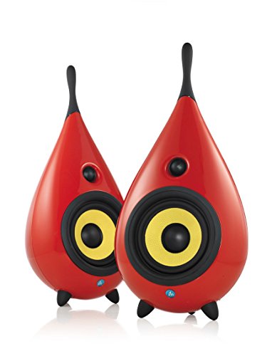 Pair of red, teardrop-shaped speakers with yellow and black cones.