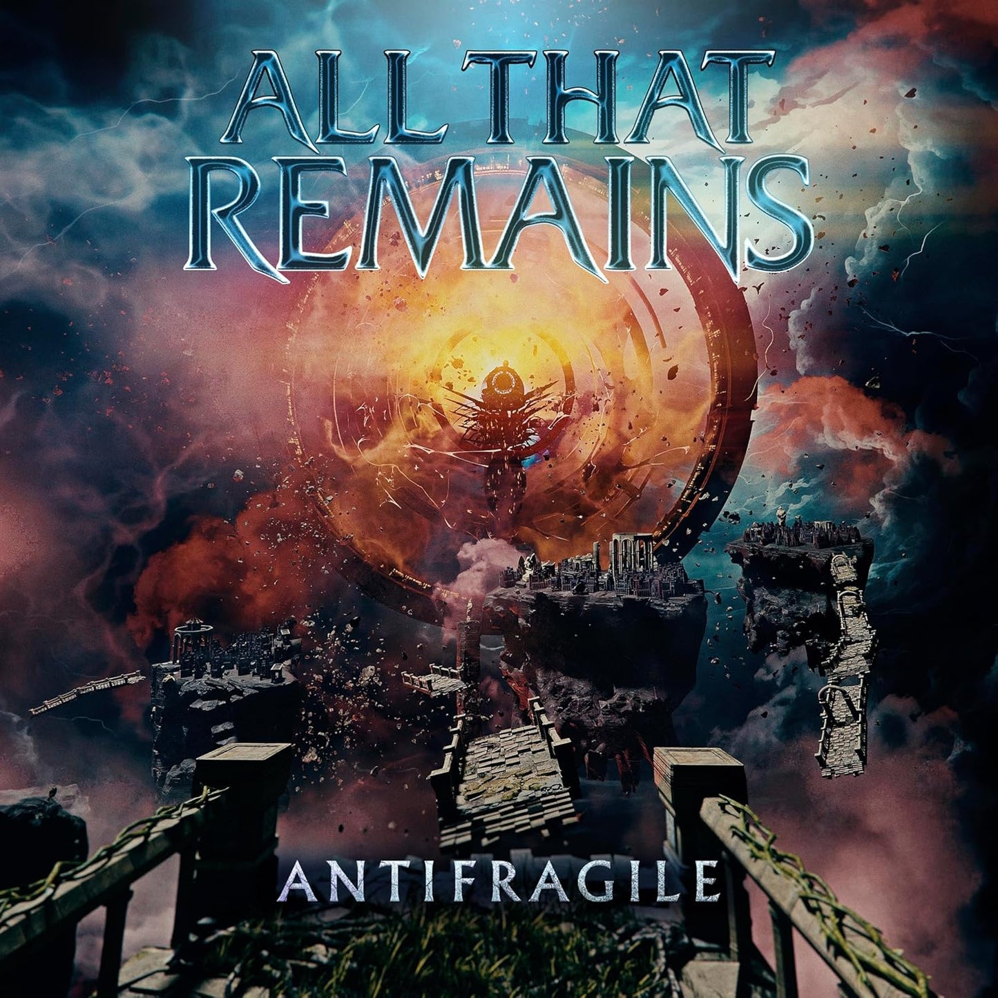 “All That Remains” album cover, “Antifragile,” with ruins and a fiery sun.