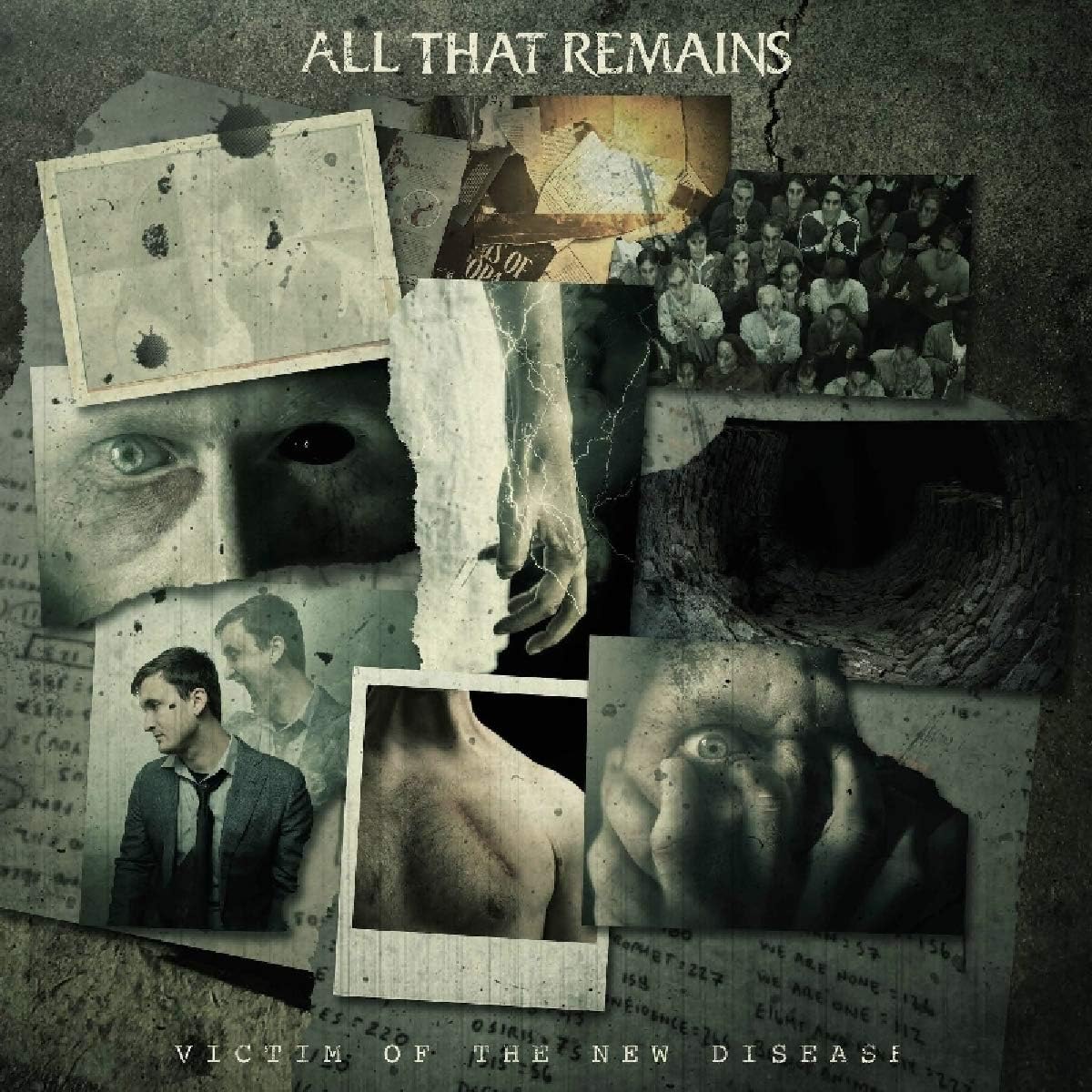 Collage of dark, gritty photographs featuring faces, a hand, and text on a background.