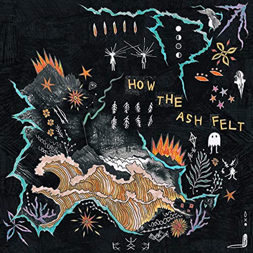 Album cover with black background, stylized illustrations of waves, mountains, and text How The Ash Felt.