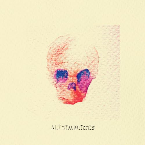 Sketch-like skull illustration in red, blue, and purple on a cream background.