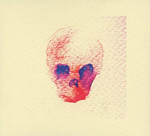 Abstract red and purple sketch of a face on a beige background.