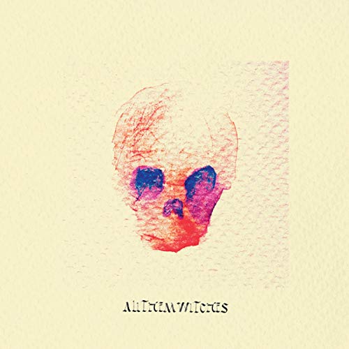 A red and blue watercolor sketch of a skull on a textured cream background.
