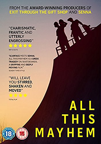 DVD cover for “All This Mayhem” featuring silhouetted skateboarders.