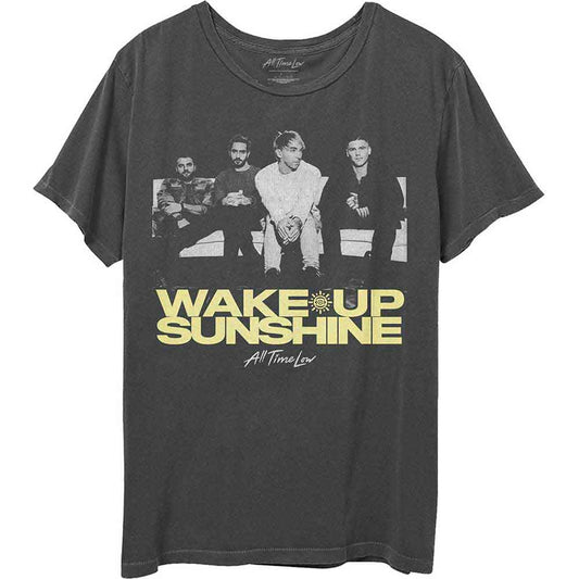 Faded yellow t-shirt with "Wake Up Sunshine" text, All Time Low branding.