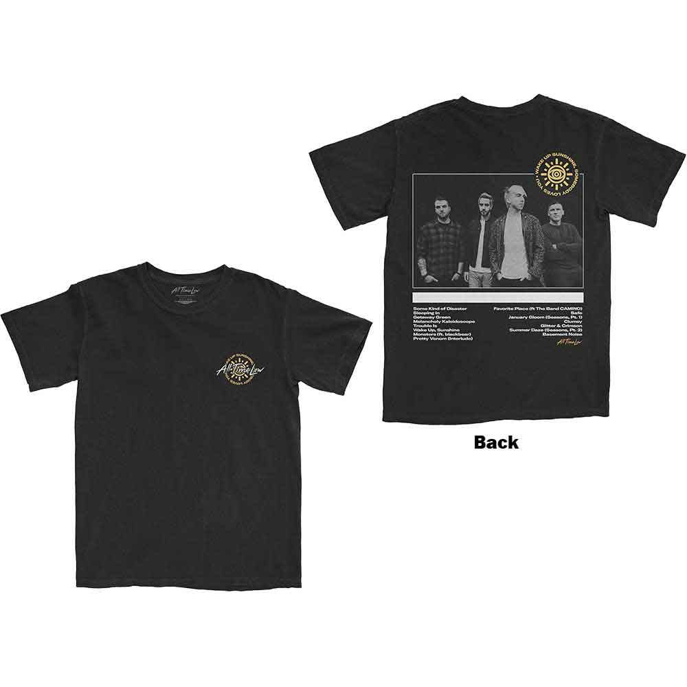 Black unisex t-shirt featuring the Wake Up Sunshine track list printed on the back.