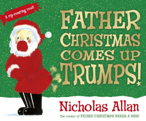 "Book cover featuring a cartoon Santa Claus with a red nose on a green background."