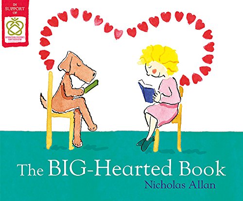 Illustration of a girl and dog reading books, surrounded by red hearts.