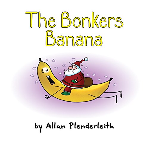 Cartoon of Santa Claus riding a smiling banana with stars.