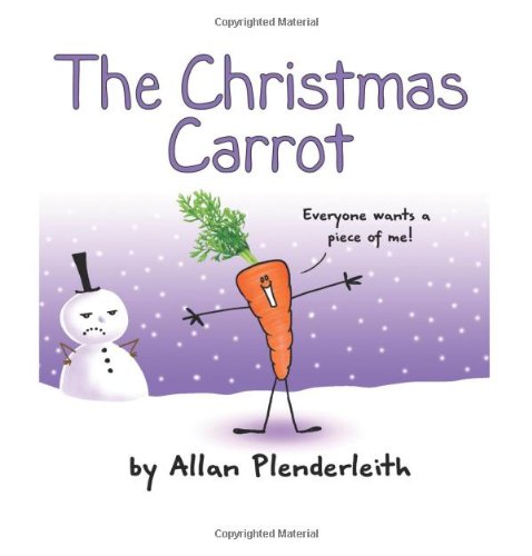 Book cover: anthropomorphic carrot with snowman, purple background.