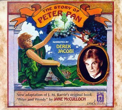 Illustrated CD cover of "The Story of Peter Pan" with Peter Pan and Derek Jacobi.