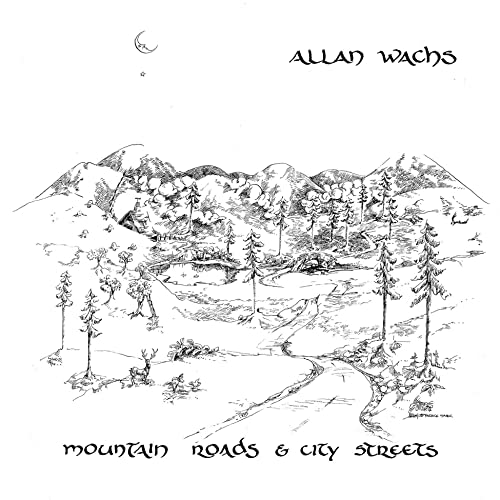 Black and white ink drawing of a mountain landscape with trees, a road, and deer.