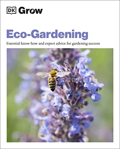 Book cover: "Eco-Gardening" with a bee on purple flowers.