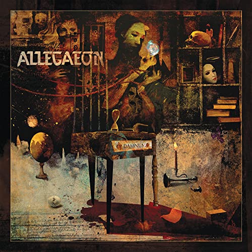 Album cover for Allegaeon's "DAMNUM" featuring a figure and ornate objects.