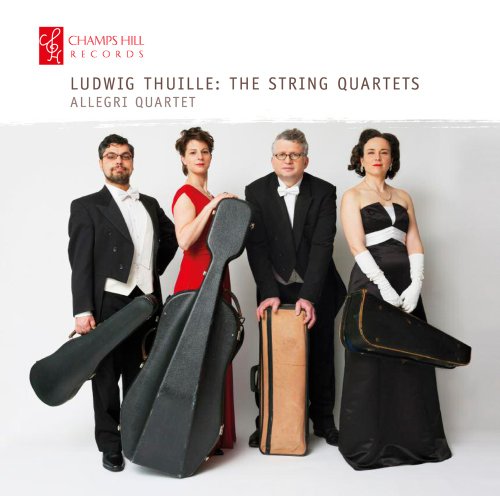 Allegri Quartet posing with string instruments and cases, CD cover art.