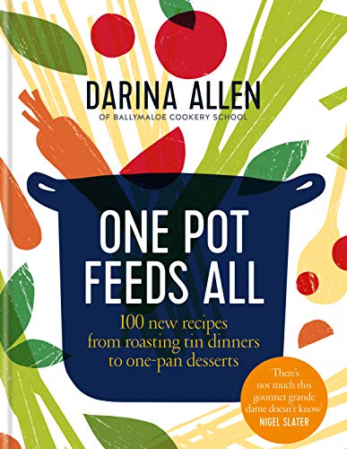 Cookbook cover with illustrated vegetables and a dark blue cooking pot.