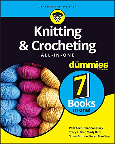 Book cover: "Knitting & Crocheting All-in-One For Dummies" with yarn.