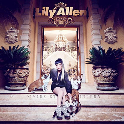 Lily Allen sits on steps with three corgis, in front of a doorway.