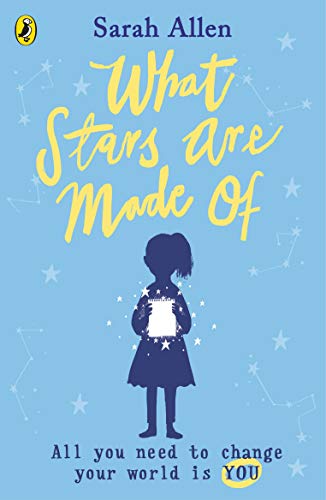 Book cover: Silhouette of a girl holding a glowing tablet, stars.