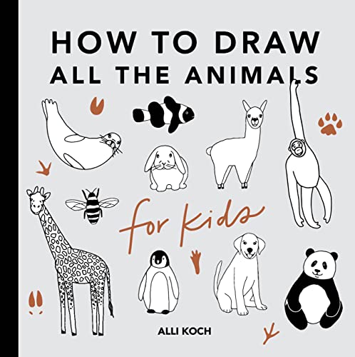 Book cover with simple black and white animal drawings for children.