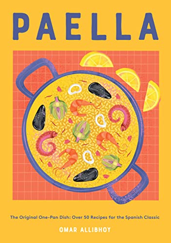 Book cover featuring an illustration of a paella pan with seafood on yellow background.