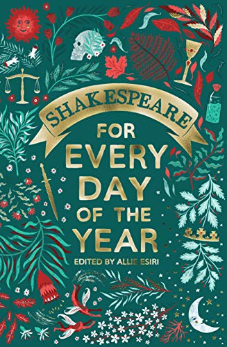 Book cover with gold text on dark green background featuring botanical and Shakespearean illustrations.