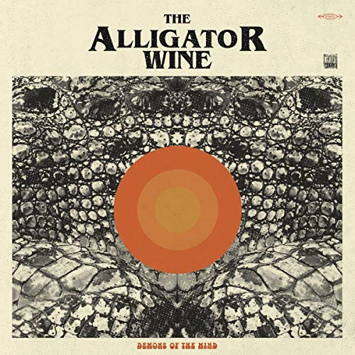 Album cover with alligator skin pattern and red circular design on beige background.