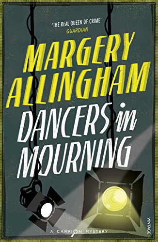 Book cover for “Dancers In Mourning” with yellow text and spotlights.