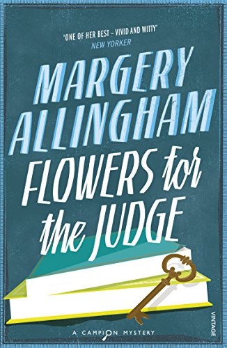 Book cover for Flowers for the Judge by Margery Allingham featuring books and a key.