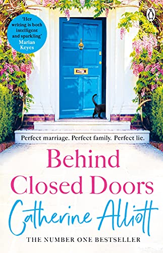 Blue door with a black cat, book cover for “Behind Closed Doors”.