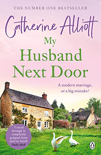Book cover: "My Husband Next Door" with a cottage and geese illustration.