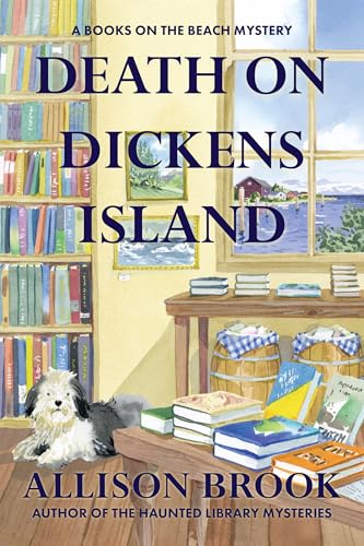 Book cover with a small white dog, bookshelves, and a coastal scene.