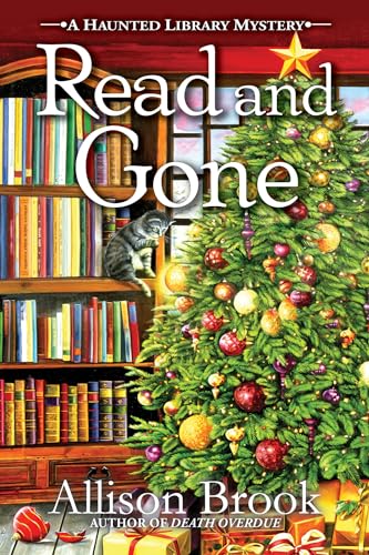 Book cover: library shelves, Christmas tree, and a gray tabby cat.