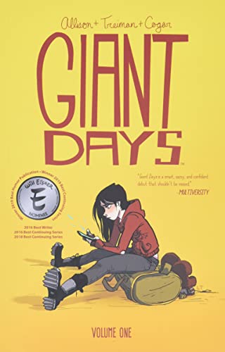 Yellow cover of “Giant Days Volume 1” graphic novel, a seated young woman.