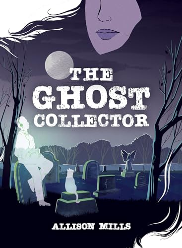Book cover: woman, ghost, cemetery, and moon in a dark, illustrated style.