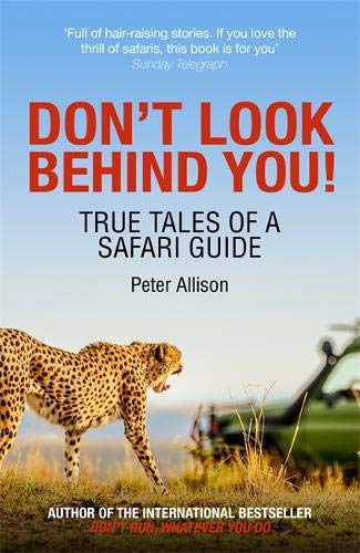 Book cover: cheetah in tall grass, red title "Don't Look Behind You!".