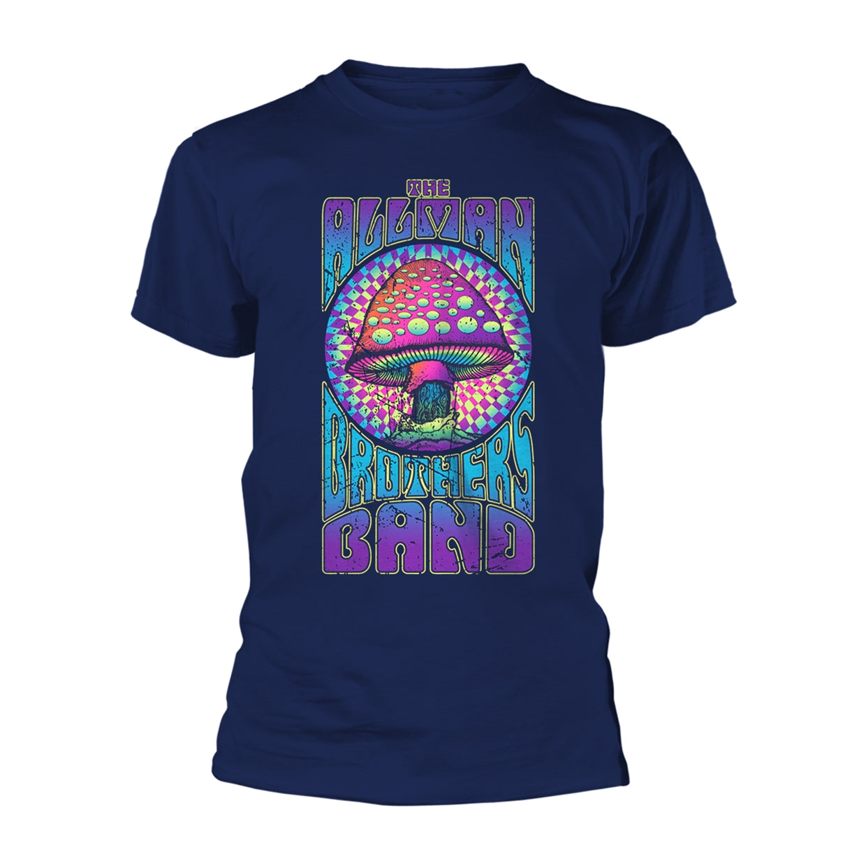 Dark blue t-shirt with a psychedelic mushroom and band logo design.