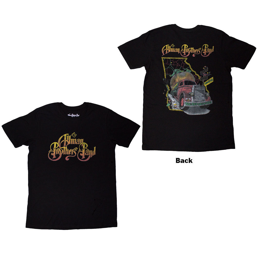 Black t-shirt with colorful "The Allman Brothers Band" logo centered on chest.