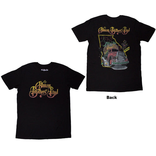 Black t-shirt with colorful "The Allman Brothers Band" logo centered on chest.