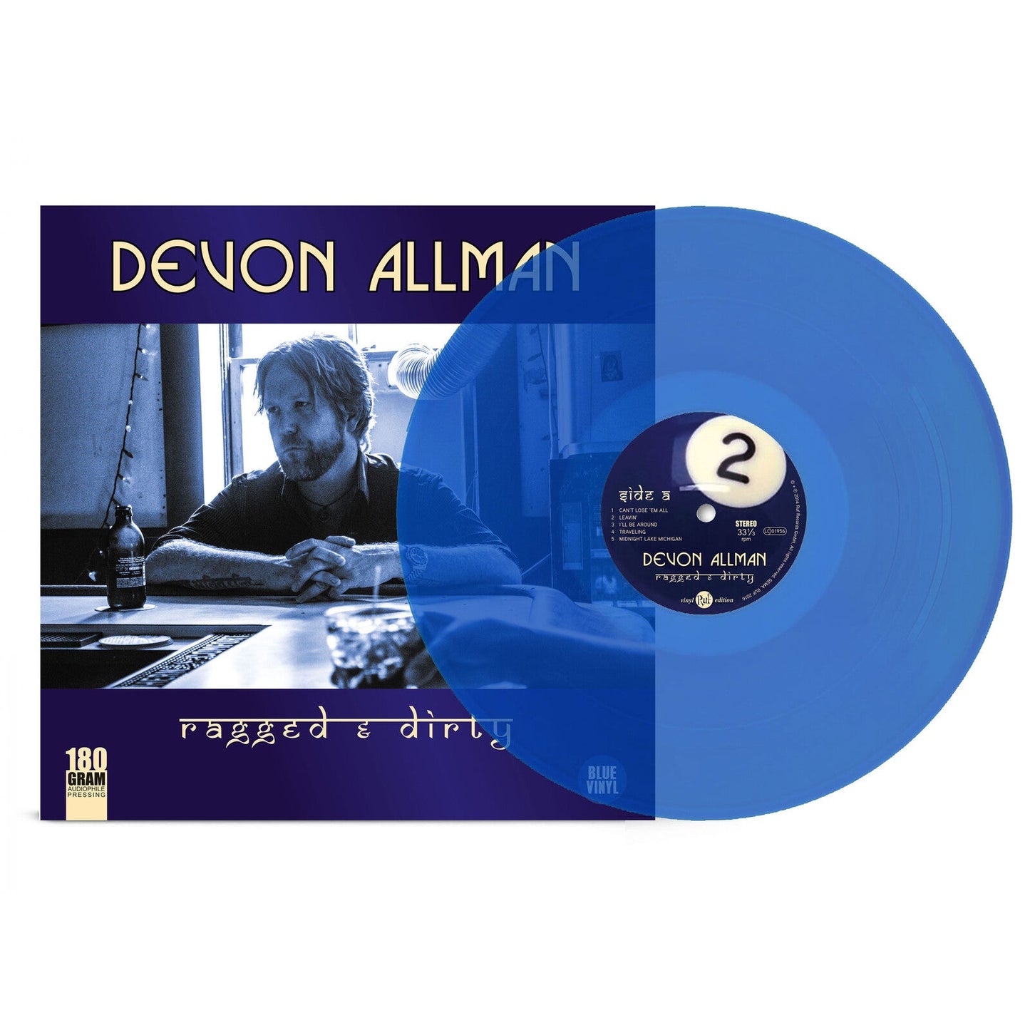 Devon Allman’s “Ragged & Dirty” blue vinyl record with album cover.