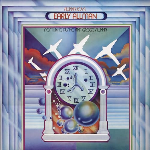 Vinyl album cover featuring a clock, floating bubbles, and birds against a sunset sky.
