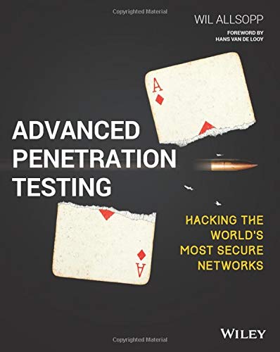 Book cover: "Advanced Penetration Testing" with playing card and bullet imagery.