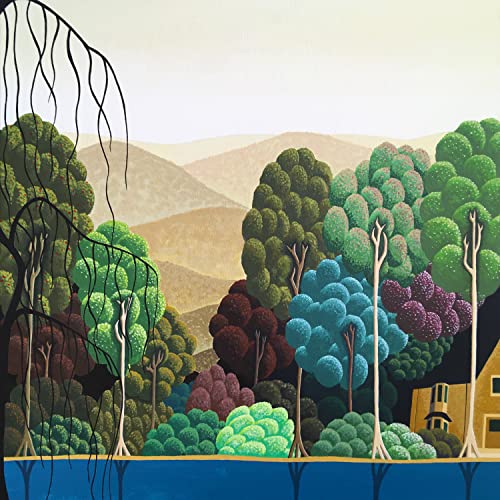 Stylized landscape painting with colorful, rounded trees and distant hills.