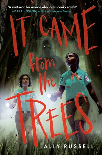 Book cover: two young Black campers face a shadowy figure in woods.