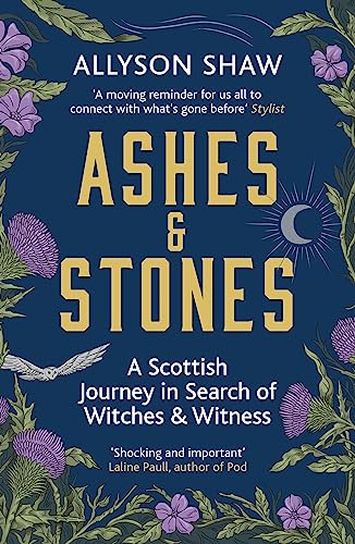 Book cover with gold text on dark blue, featuring purple thistles, flowers, and owl.