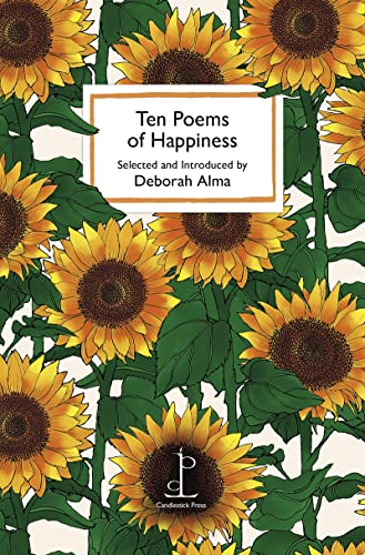 Book cover titled Ten Poems of Happiness featuring a background of illustrated sunflowers.