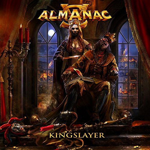 Album cover for Almanac’s “Kingslayer” depicting a dramatic, illustrated scene.