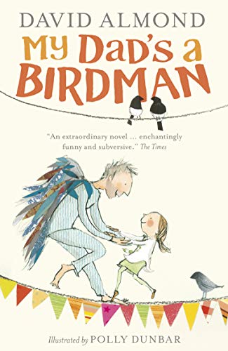 Book cover: father with bird wings, daughter, and colorful bunting.