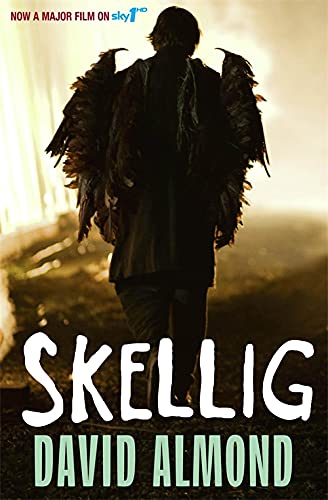 Book cover: figure with large, dark wings walking away, titled "Skellig".